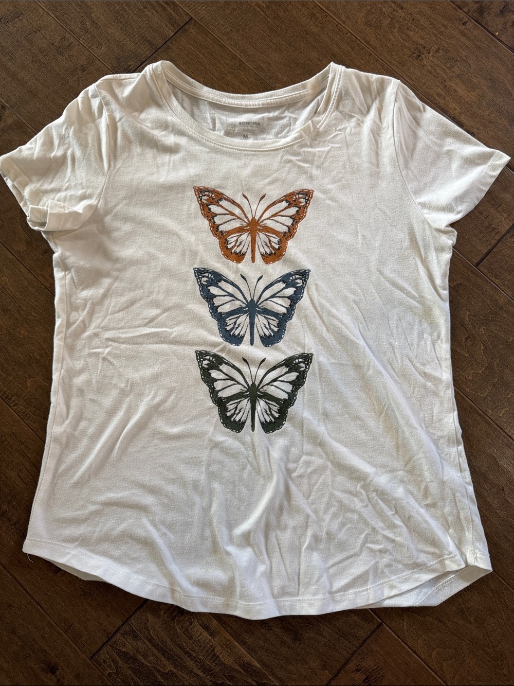 Women’s White Short-Sleeve Tee with Orange, Blue and Green Butterfly Motif